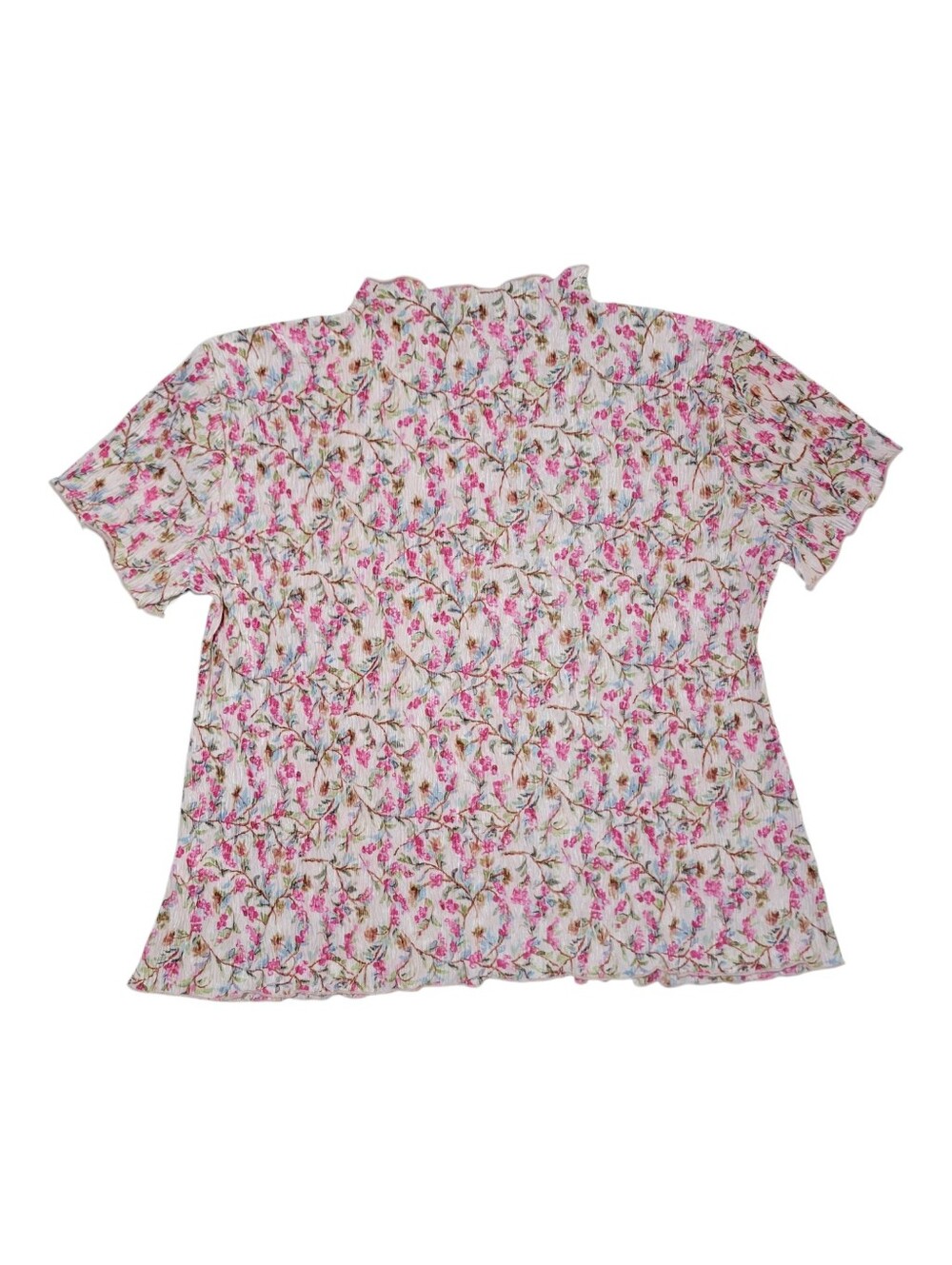 ❤️B2G1 1.State XL Short Sleeve Pink Floral Mock Neck Crinkle Cottage Core Blouse